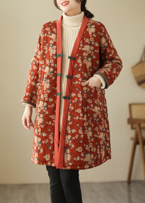 Red V Neck Print Thick Parka Winter