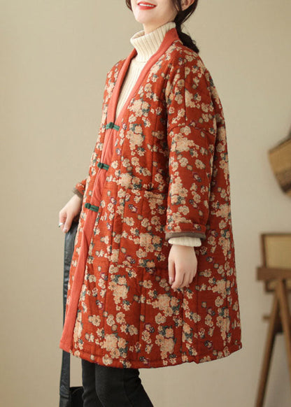 Red V Neck Print Thick Parka Winter