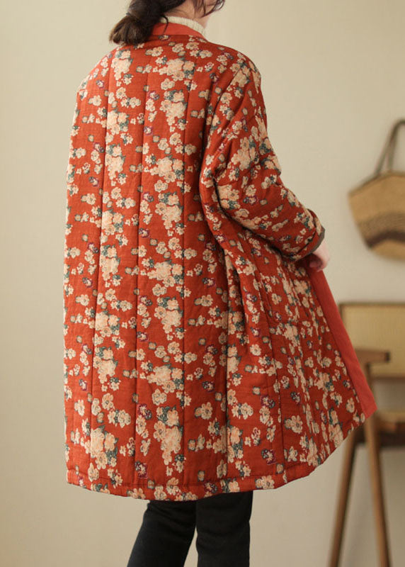 Red V Neck Print Thick Parka Winter