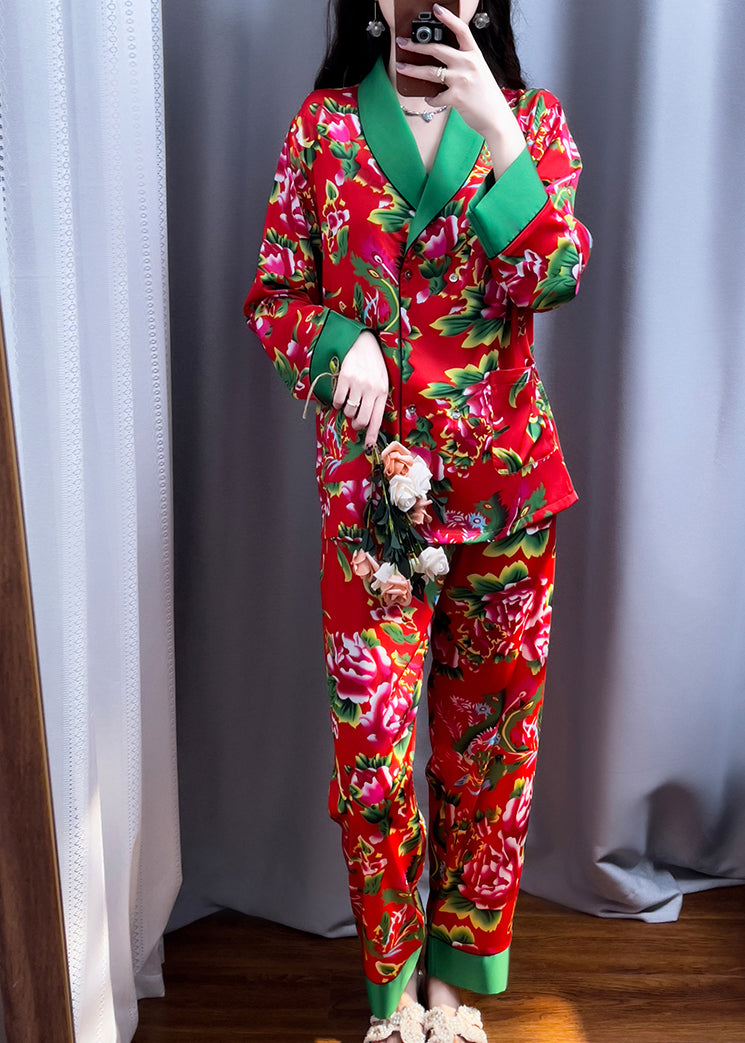 Red V Neck Print Top and Pants Silk Two Pieces Set Long Sleeve