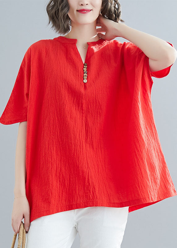 Red V Neck Wrinkled Cotton Tops Summer