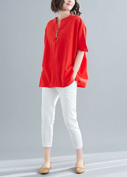 Red V Neck Wrinkled Cotton Tops Summer