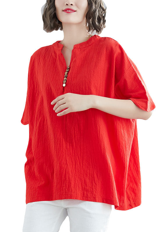 Red V Neck Wrinkled Cotton Tops Summer