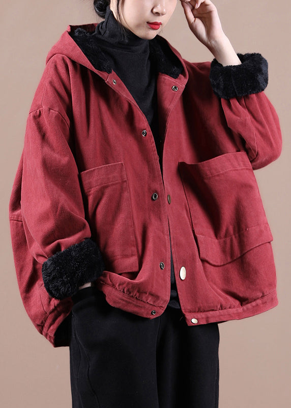 Red Warm Fleece Button Low High Design Hooded Coat Winter