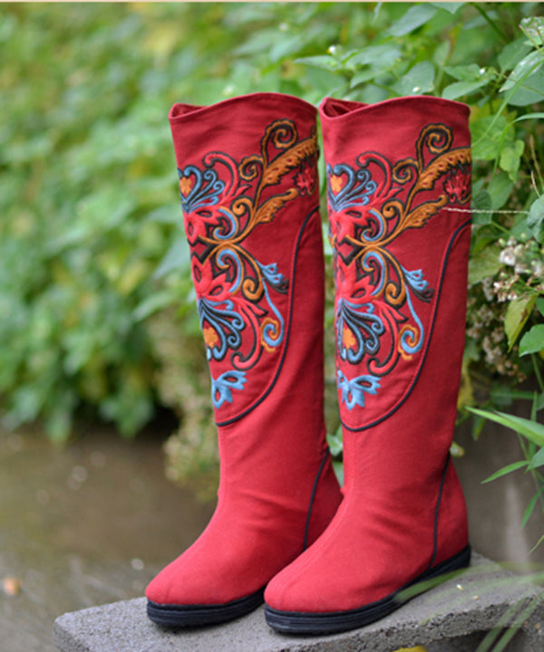 Red Wedge Boots Embroideried Comfy Cotton Fabric Zippered Splicing Boots