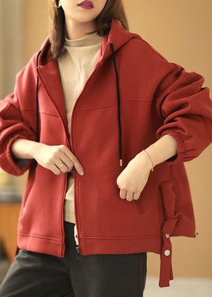 Red Hooded Zippered Pockets Drawstring Fall Jackets Long Sleeve