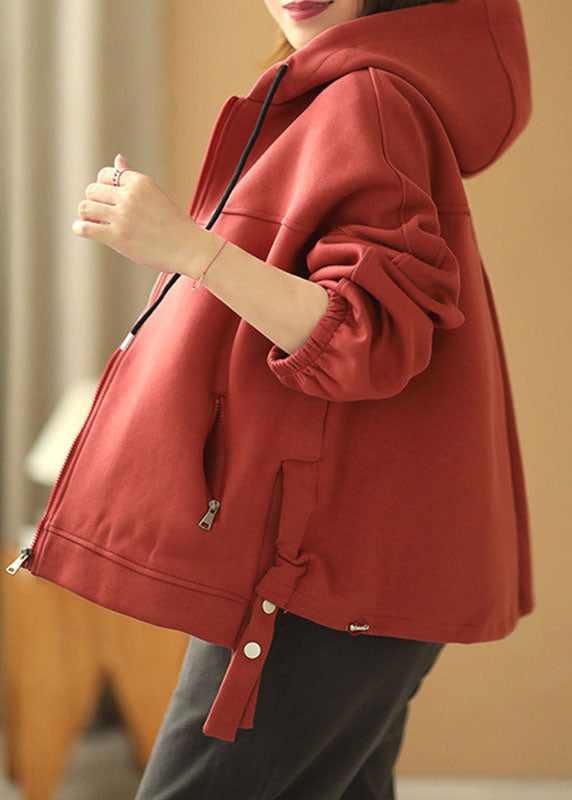 Red Hooded Zippered Pockets Drawstring Fall Jackets Long Sleeve