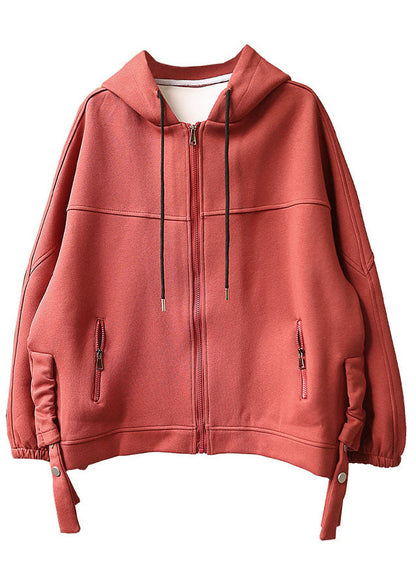 Red Hooded Zippered Pockets Drawstring Fall Jackets Long Sleeve