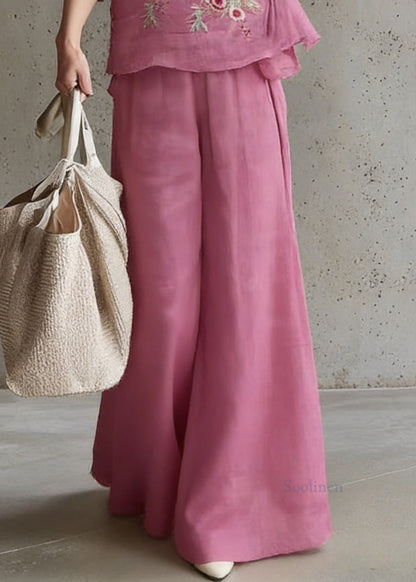 Rose Embroidered Tie Waist Top and Wide Leg Pants Two Pieces Set Half Sleeve