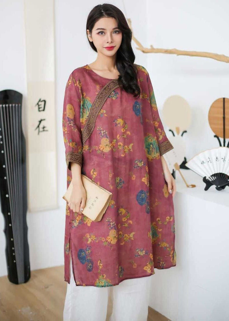 Rose Embroideried Print Patchwork Linen Mid Dress Spring