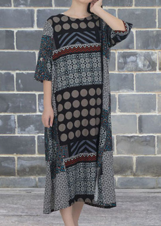 Rose O Neck Print Patchwork Cotton Dresses Summer