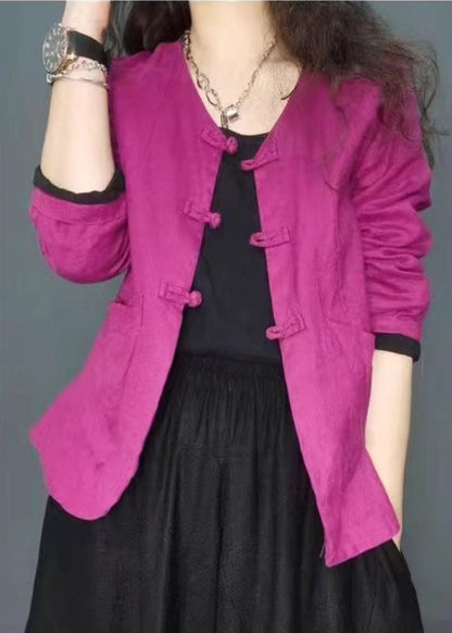 Rose Oriental Button Pockets Linen Coats Spring