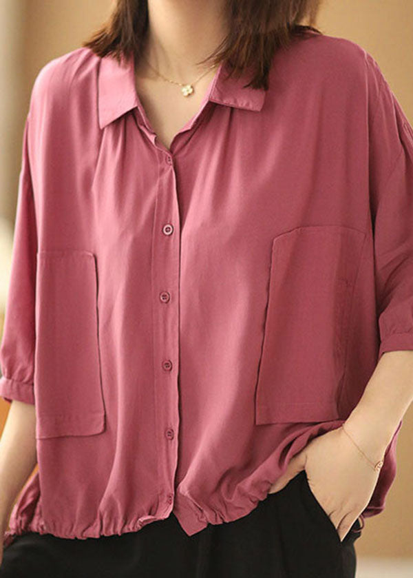 Rose Peter Pan Collar Drawstring Pockets Shirt Top Bracelet Sleeve
