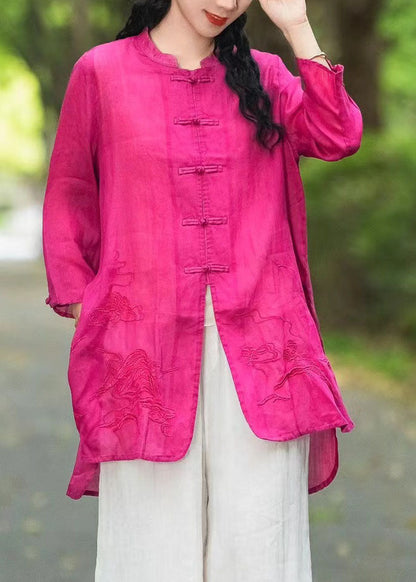 Rose Stand Collar Embroidered Chinese Button Linen Top Summer