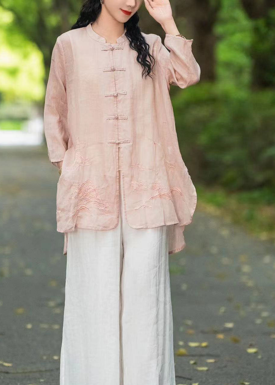 Rose Stand Collar Embroidered Chinese Button Linen Top Summer