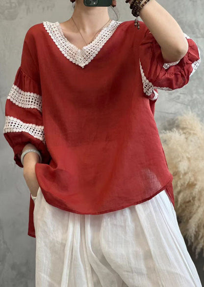 Rose V Neck Hollow Out Lace Patchwork Linen Tops Lantern Sleeve