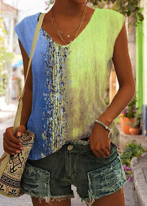 Rose V Neck Print Tops Sleeveless
