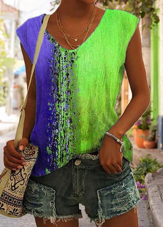 Rose V Neck Print Tops Sleeveless