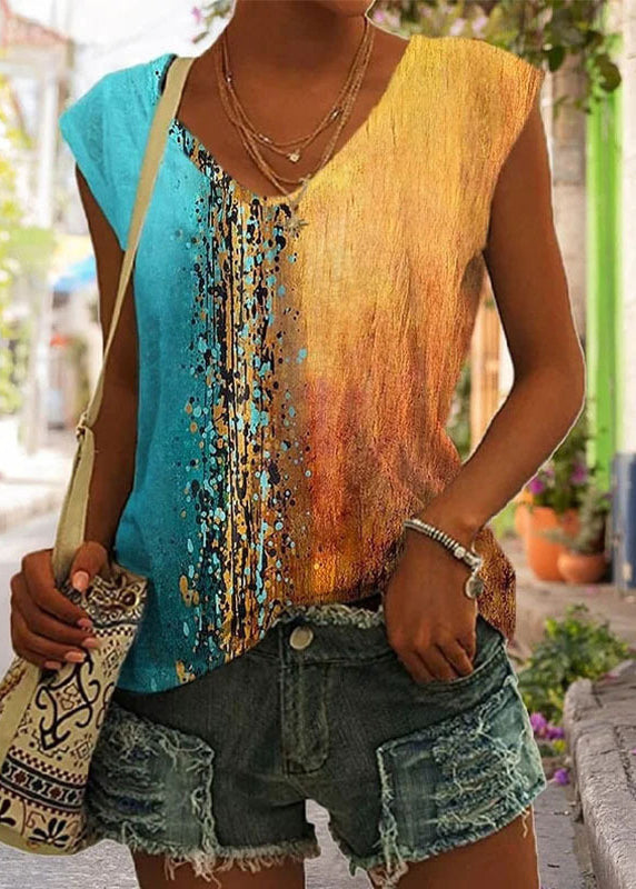 Rose V Neck Print Tops Sleeveless