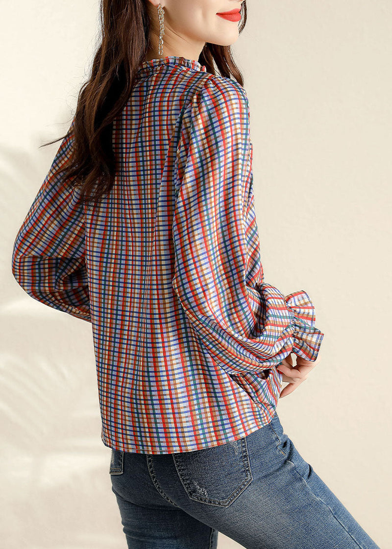 Ruffled Plaid Blouse Tops Spring