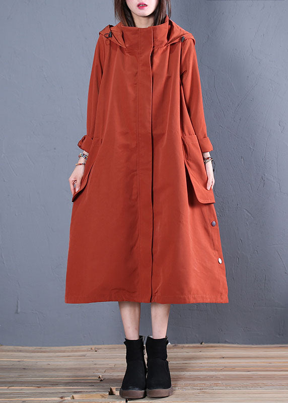 Rust Hooded Pockets Thick Cotton Trench Coats Spring