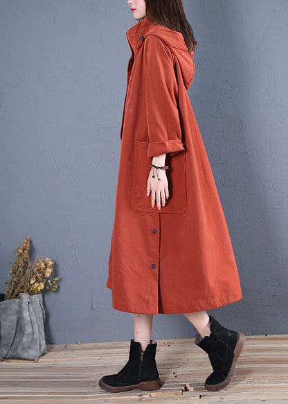 Rust Hooded Pockets Thick Cotton Trench Coats Spring