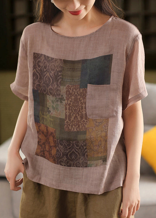 Skin Pink O Neck Print Pockets Linen T Shirts Summe