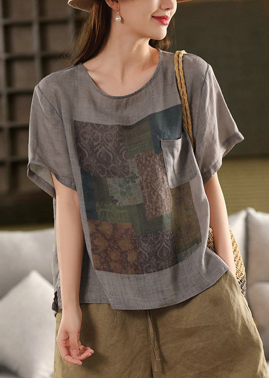 Skin Pink O Neck Print Pockets Linen T Shirts Summe