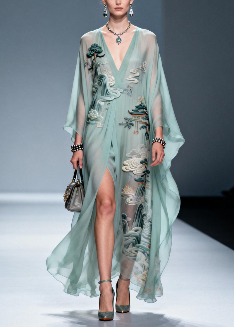 Sky Blue Print Side Open Chiffon Holiday Dress Summer