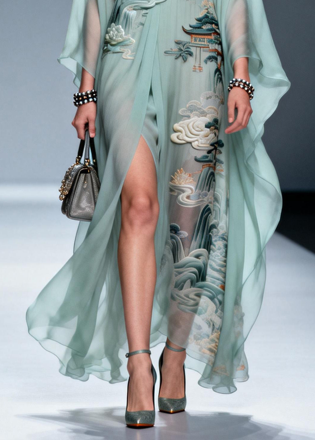 Sky Blue Print Side Open Chiffon Holiday Dress Summer
