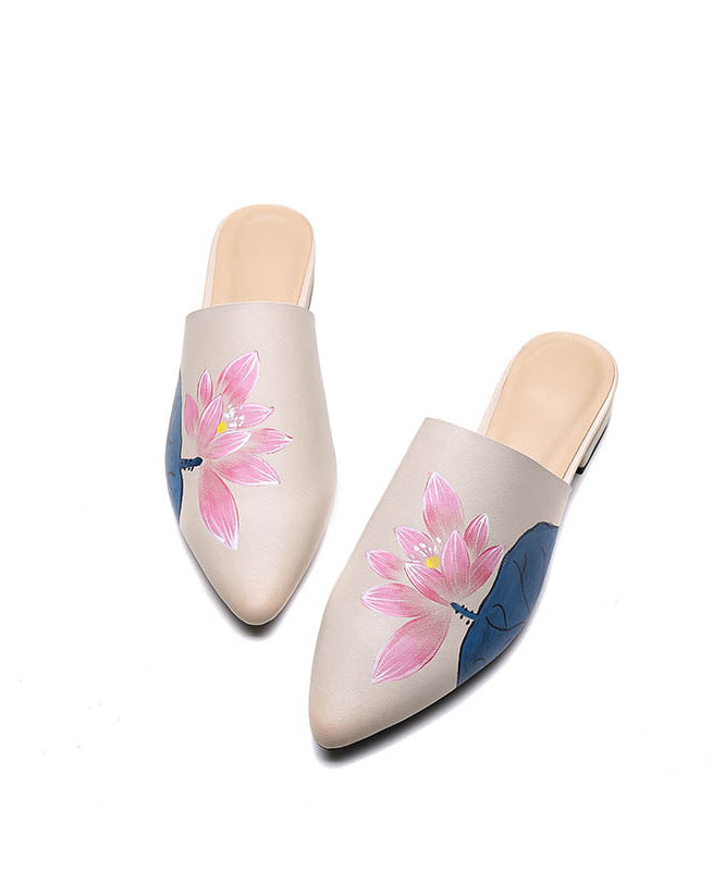 Soft Lotus Black Cowhide Leather Slide Sandals Pointed Toe