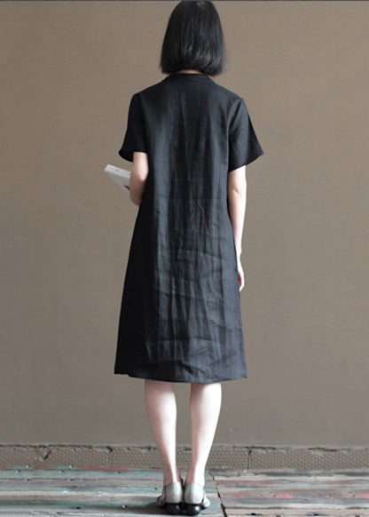 Black Mandarin Collar Button Linen a Line Dresses Short Sleeve