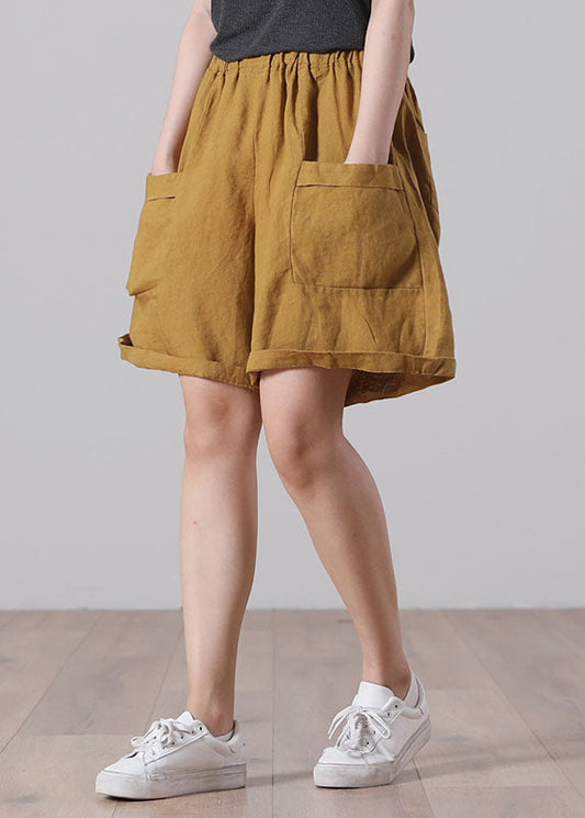 Yellow Elastic Waist Wrinkled Linen Beach Shorts Summer