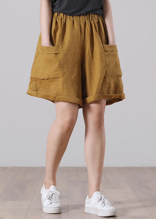 Yellow Elastic Waist Wrinkled Linen Beach Shorts Summer