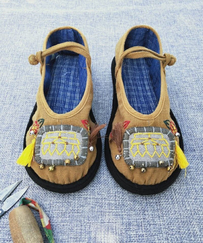 Splicing Buckle Strap Flat Shoes Yellow Cotton Fabric