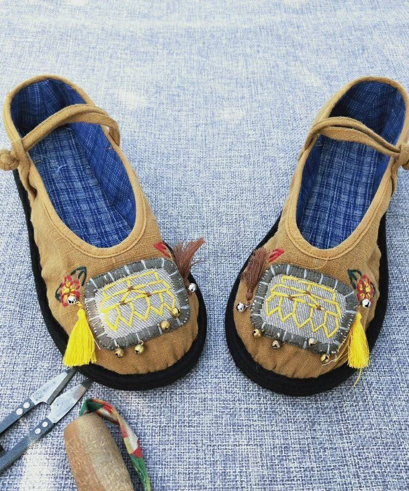 Splicing Buckle Strap Flat Shoes Yellow Cotton Fabric