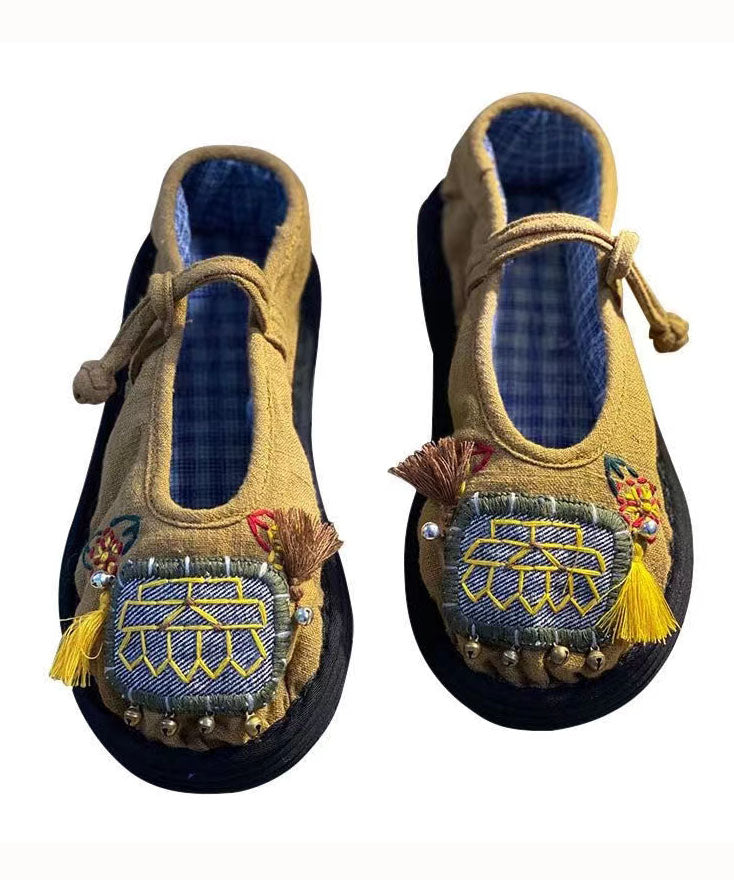 Splicing Buckle Strap Flat Shoes Yellow Cotton Fabric