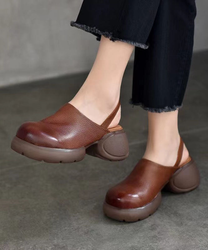 Splicing Chunky Sandals Brown Cowhide Leather