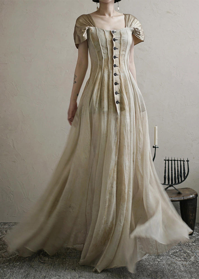 Square Collar Button Long Dress Summer