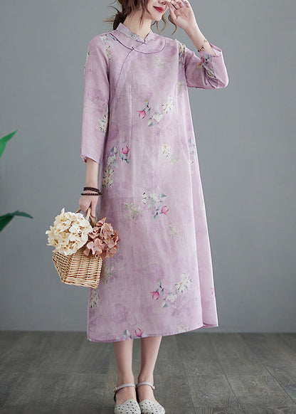 Stand Collar Button Print Linen Cheongsam Dress Three Quarter Sleeve