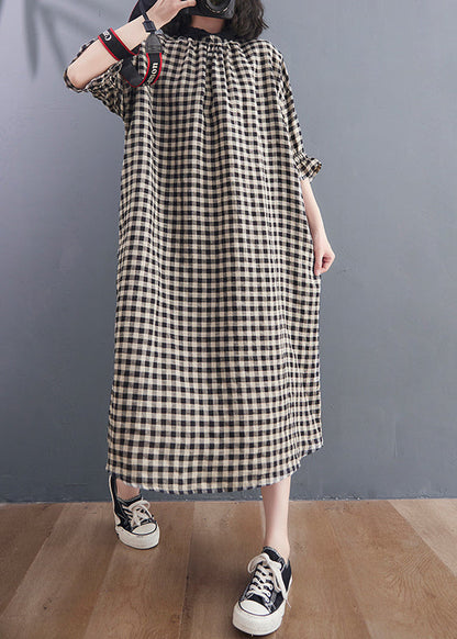 Stand Collar Large Plaid Linen Dress Petal Sleeve