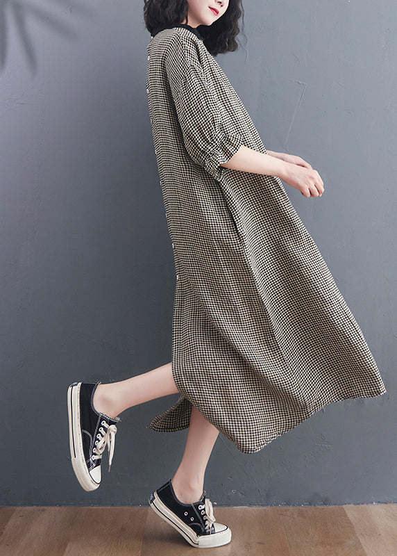 Stand Collar Large Plaid Linen Dress Petal Sleeve