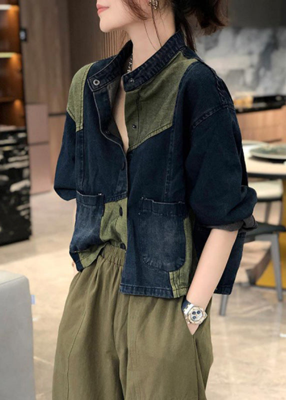 Stand Collar Pockets Patchwork Denim Coats Fall