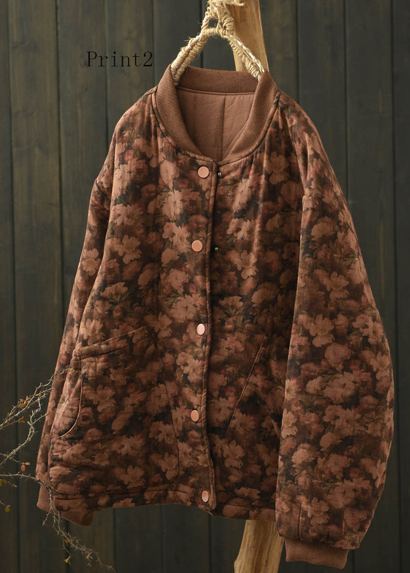 Stand Collar Pockets Print Fine Cotton Filled Coat Spring