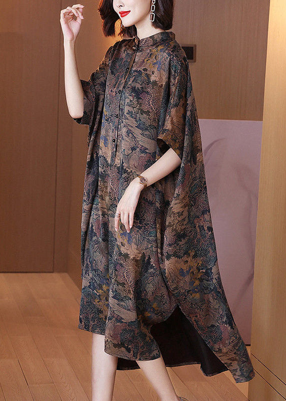 Stand Collar Print Button Side Open Low High Design Silk Maxi Dresses Half Sleeve