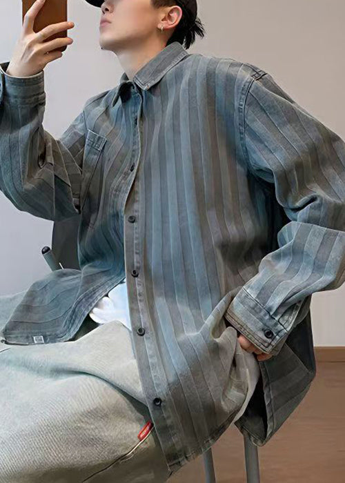 Striped Peter Pan Collar Button Denim Shirts Spring