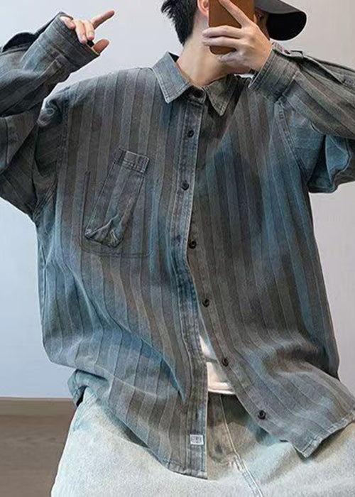 Striped Peter Pan Collar Button Denim Shirts Spring