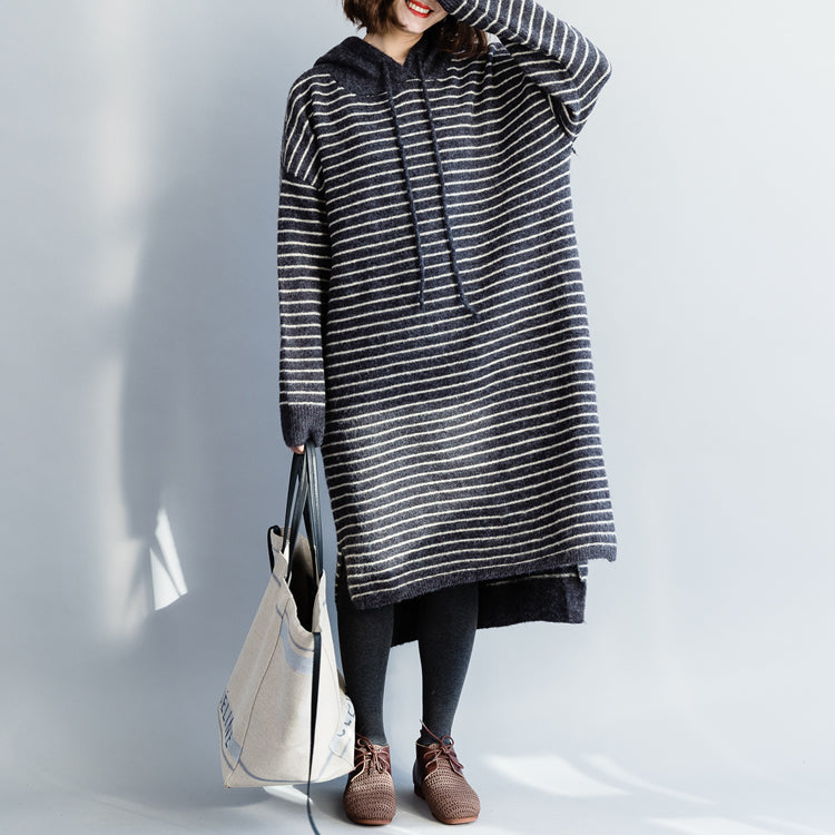 Sweater Knit Top Pattern Moda Hooded Gray Striped Mujer Knit Dress