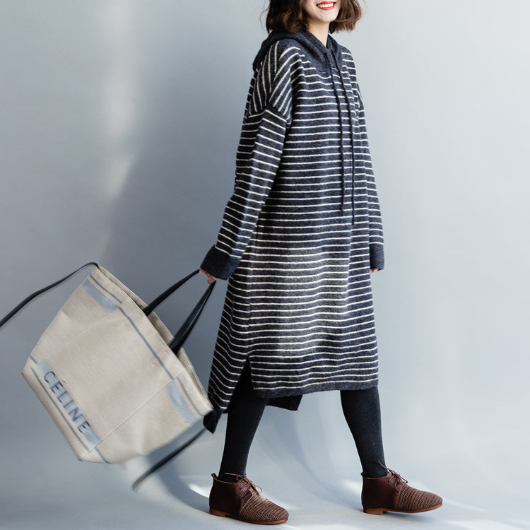 Sweater Knit Top Pattern Moda Hooded Gray Striped Mujer Knit Dress