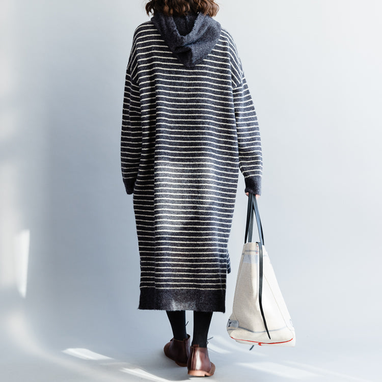 Sweater Knit Top Pattern Moda Hooded Gray Striped Mujer Knit Dress